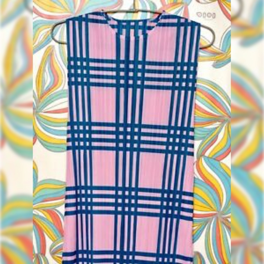 Pleated Pink and Blue Plaid Checkered Maxi Dress